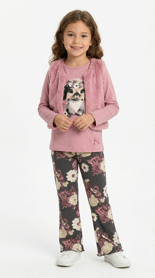 Conjunto Niña 3 Piezas – Chaleco + Polera + Calza Floral